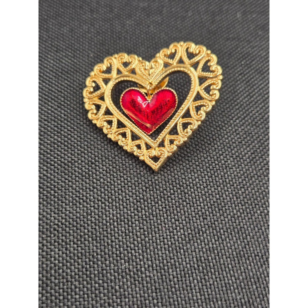 Vintage Gold Tone Filigree Heart Pin Red Enamel Dangle Heart Lapel Brooch